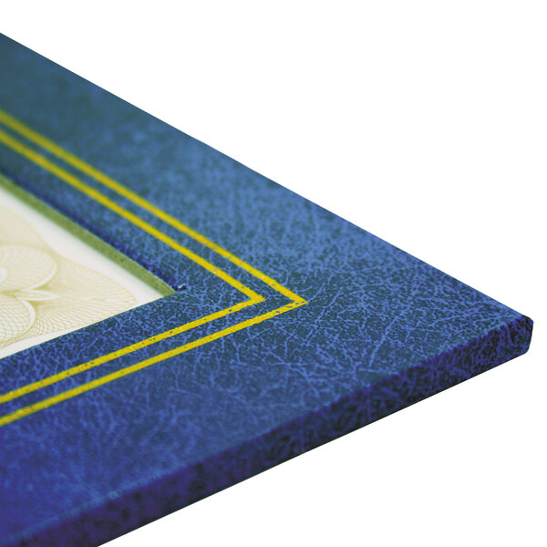 A close-up of a blue NuDell leatherette document frame with a certificate inside.