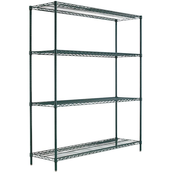 A black metal Alera wire shelving unit with four shelves.