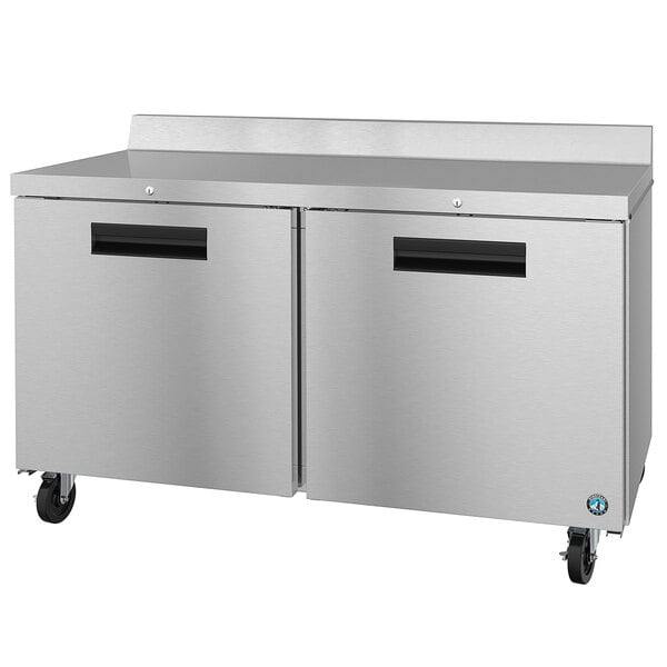 A stainless steel Hoshizaki worktop refrigerator with two doors.