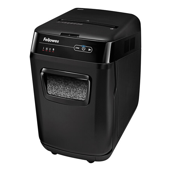 A black and white Fellowes paper shredder.