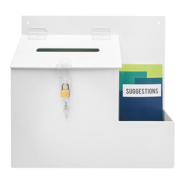 A white suggestion box with a lock and key, a slot for inserting papers, and a side compartment holding a booklet labeled 'SUGGESTIONS.'