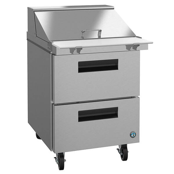 A stainless steel Hoshizaki refrigerated sandwich prep table with two drawers.