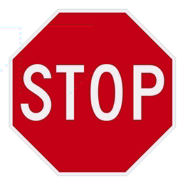 A red and white diamond grade aluminum sign that says "Stop" with white writing.