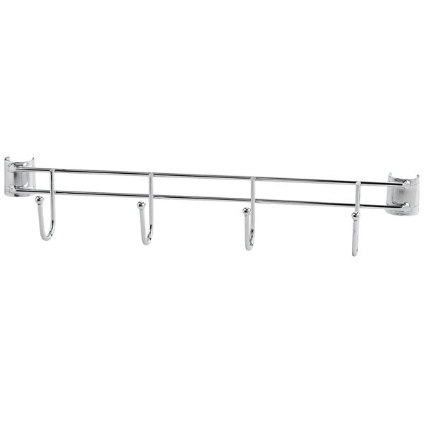 A metal Alera silver hook bar with four hooks.