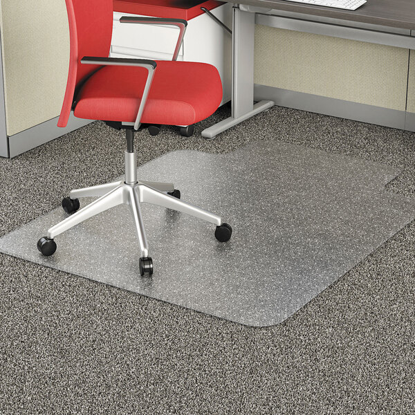 A red office chair with wheels on an Alera clear studded office chair mat.