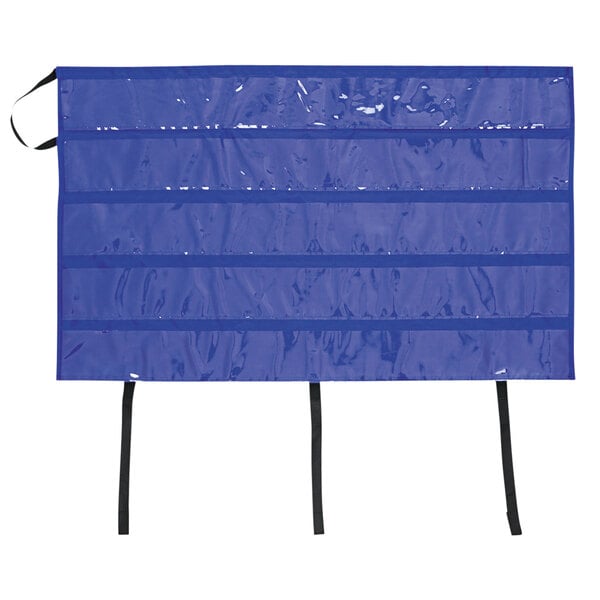 A blue plastic storage pocket chart with black straps.