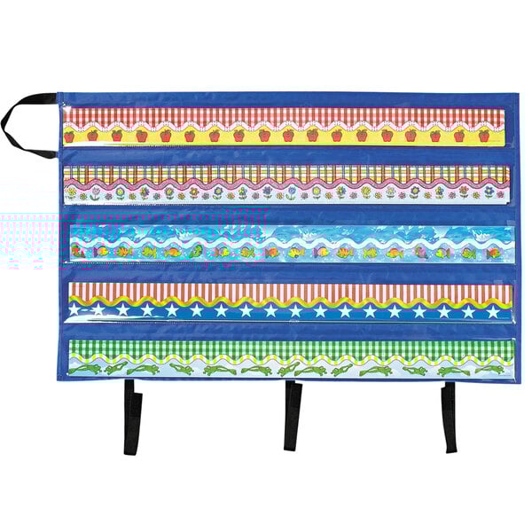 A blue fabric bag with colorful border designs.