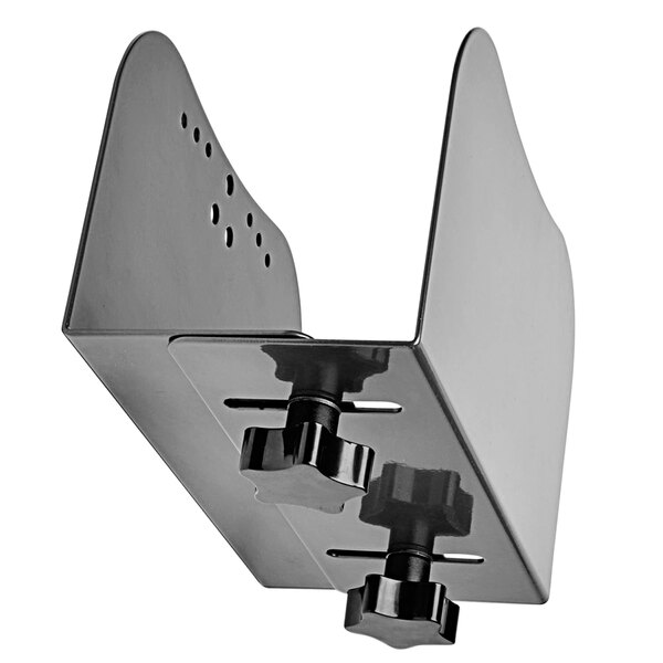 A gray metal Tripp Lite computer mount with black knobs.