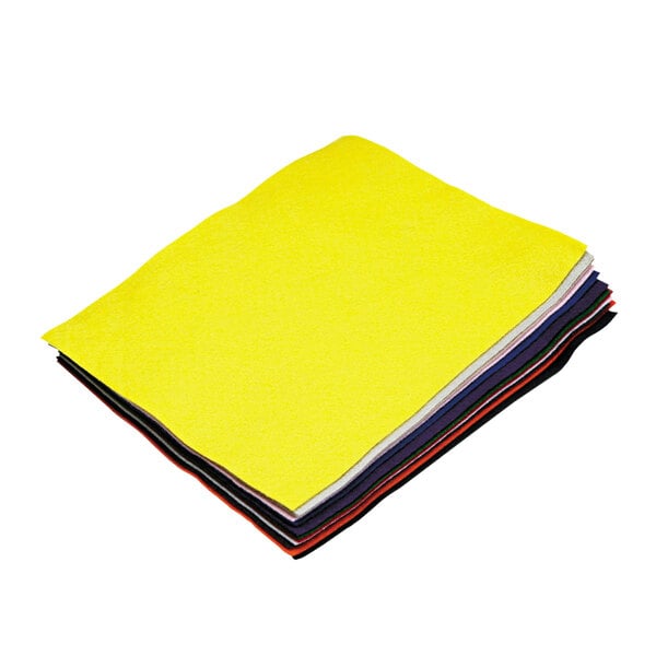 A stack of rectangular felt sheets in yellow, orange, and blue colors.