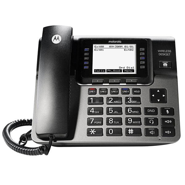 A black Motorola corded desk phone with a white screen.