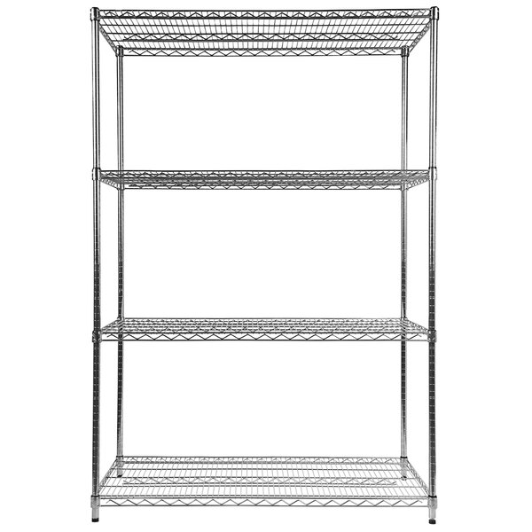 A silver Alera steel wire shelving unit with four shelves.