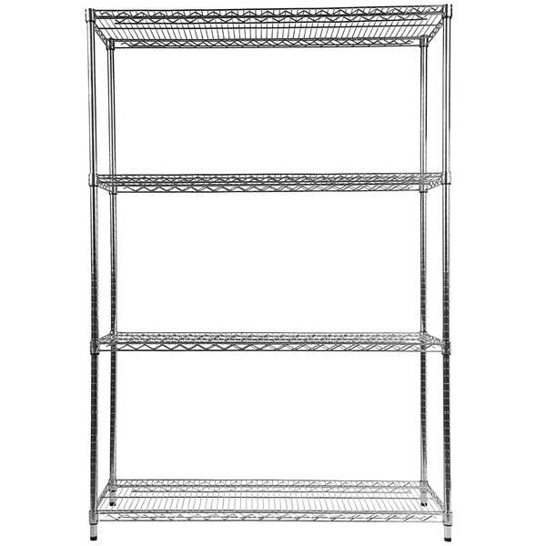 An Alera silver steel wire shelving unit with four shelves.