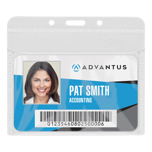 A woman wearing an ID badge in a Advantus horizontal badge holder.