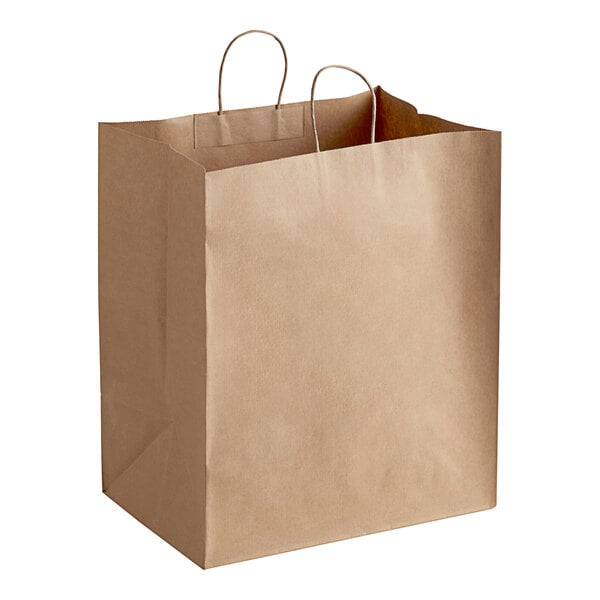 A brown paper bag with handles.