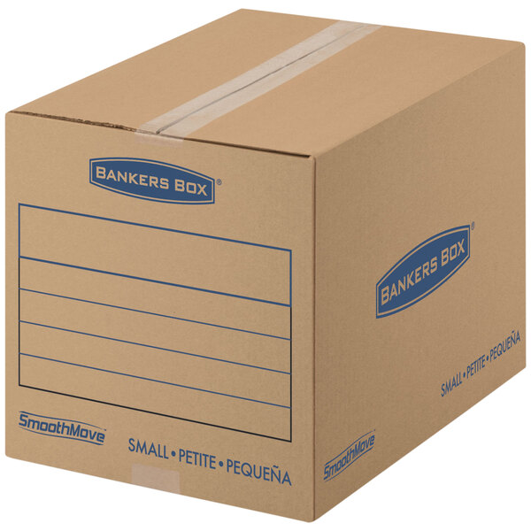 A brown Banker's Box with blue writing.