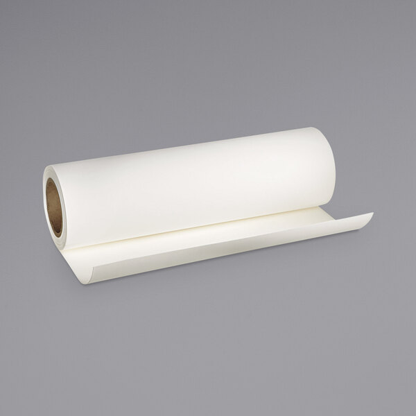 A roll of Epson Hot Press Natural white paper on a gray surface.