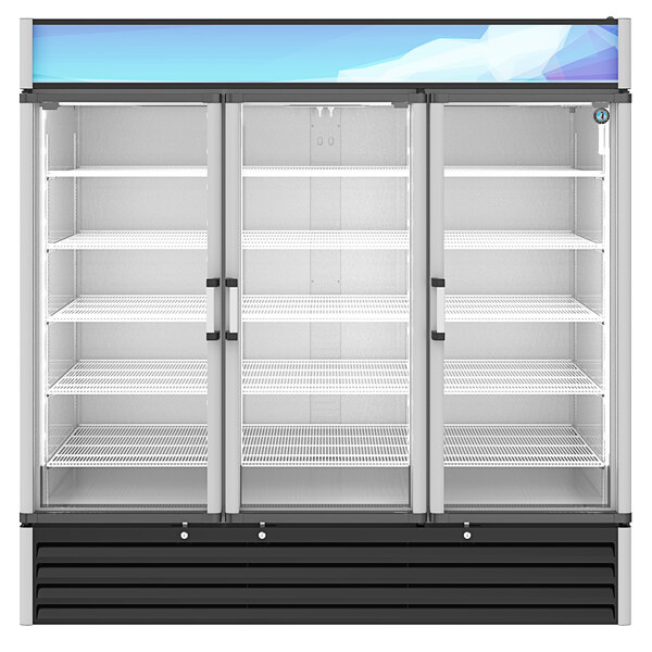 A Hoshizaki refrigerated merchandiser with three glass doors on shelves.