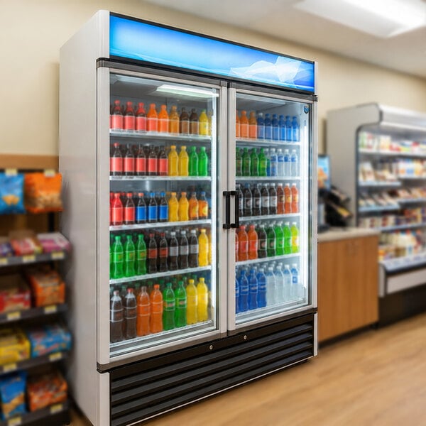 A commercial glass door refrigerator filled with assorted bottled beverages in a convenience store setting.