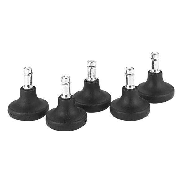 Black and silver Master Caster B stem low profile bell glides with rubber feet and holes.