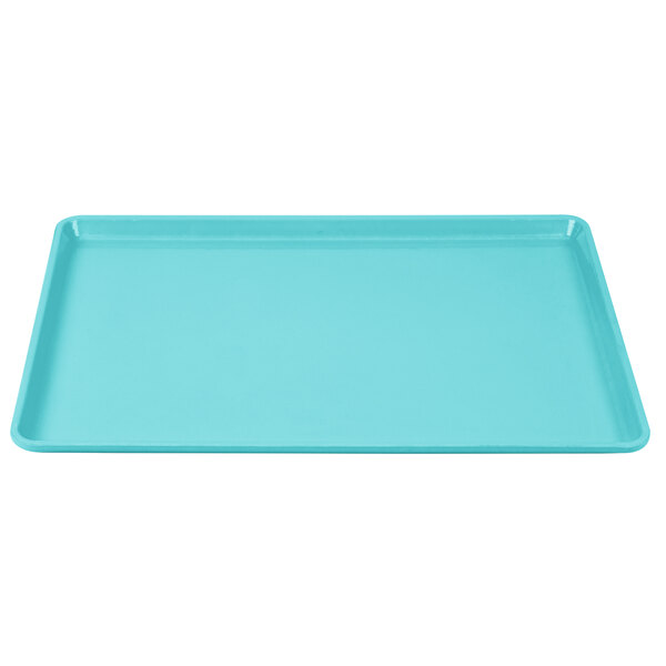 A robin egg blue rectangular Cambro tray with a white border.