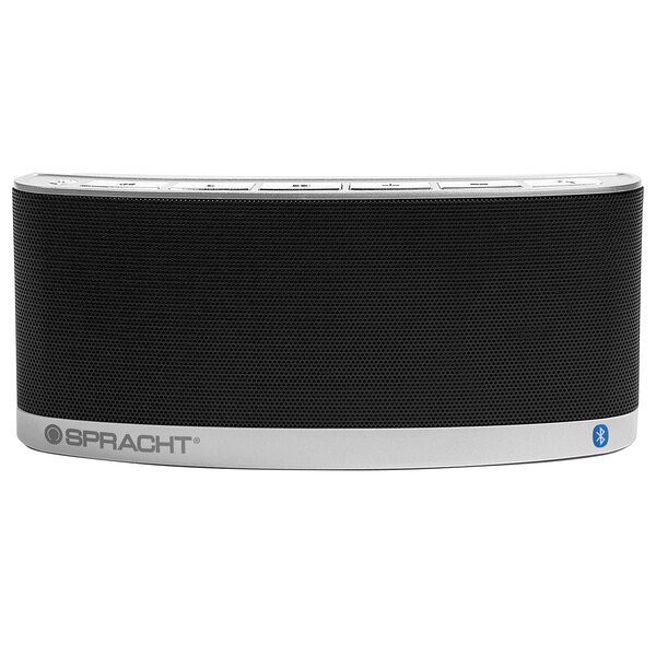 A rectangular black and silver Spracht BluNote2.0 bluetooth speaker.