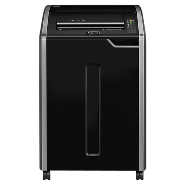 A black and silver rectangular Fellowes Powershred 485Ci cross-cut shredder.