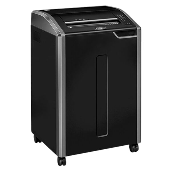 A black and silver Fellowes Powershred 485Ci cross-cut shredder with a white stripe.