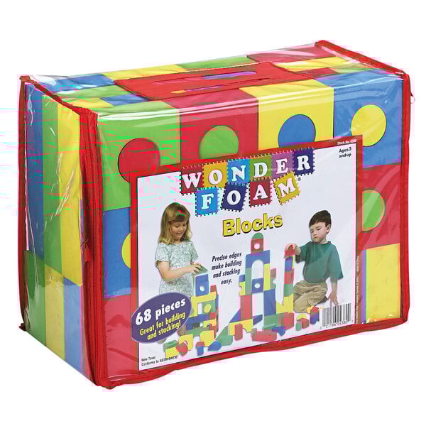 A box of Wonder Foam assorted color blocks with blocks in it.