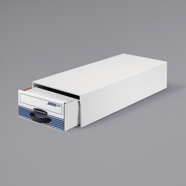 A white Banker's Box storage drawer with a blue drawer.
