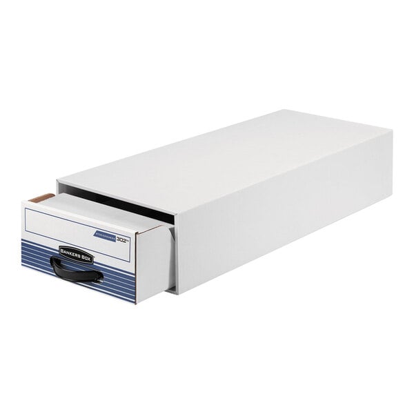 A white and blue Banker's Box extra space saving storage drawer designed for organizing documents.