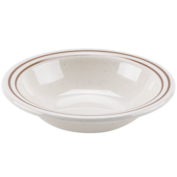 A white bowl with brown striped rim.