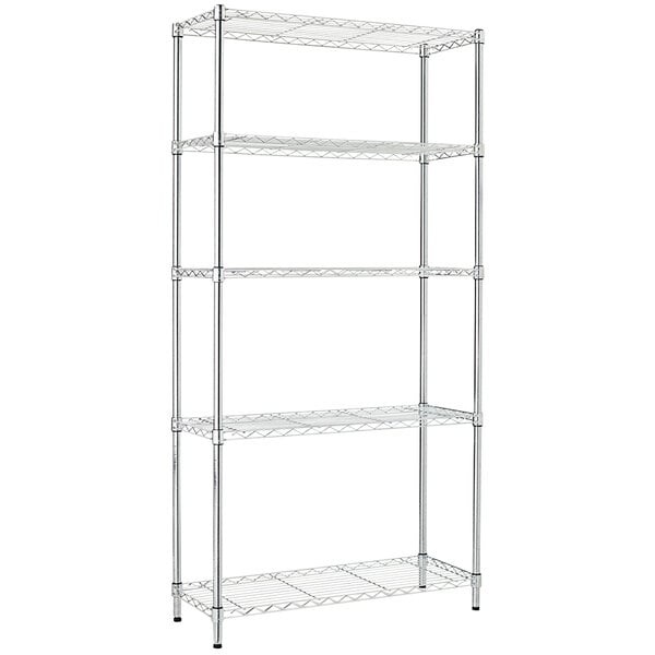 A silver steel Alera wire shelving unit with four shelves.