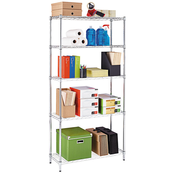 A silver Alera metal wire shelving unit with boxes and papers.