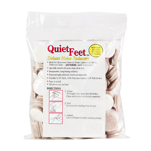 A bag of brown and white round Master Caster Quiet Feet noise reducers.
