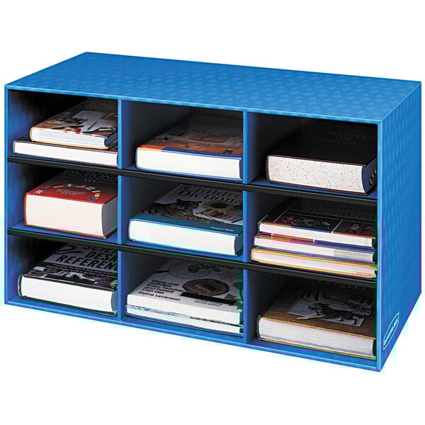 A blue Fellowes Banker's Box shelf with books in it.