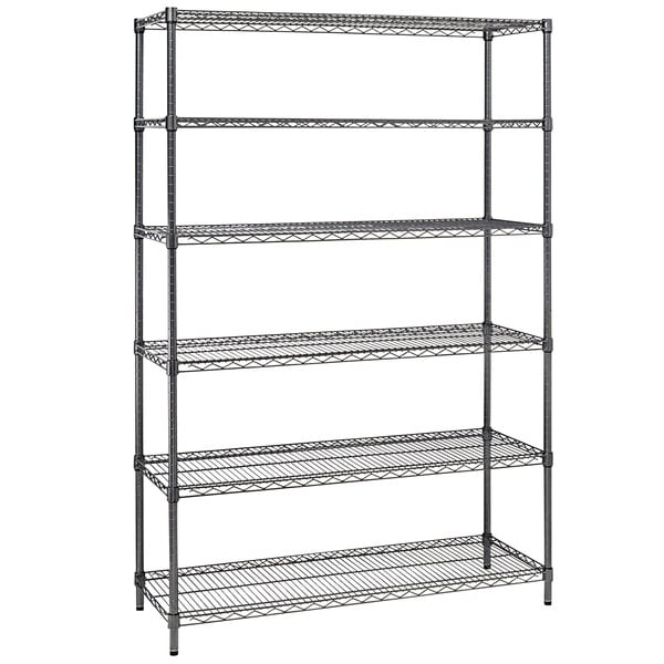 A black metal Alera steel wire shelving unit with six shelves.