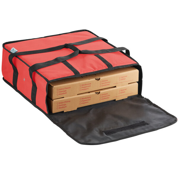 A red Choice insulated pizza delivery bag with pizza boxes inside.