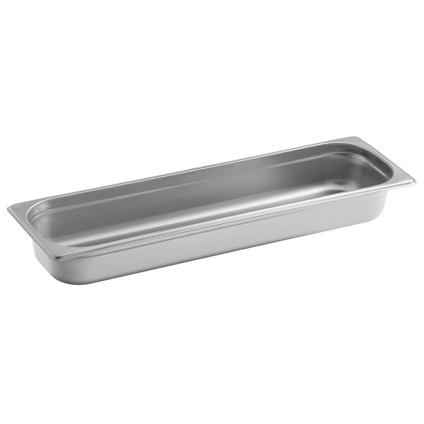 A Carlisle stainless steel long hotel pan with a handle.