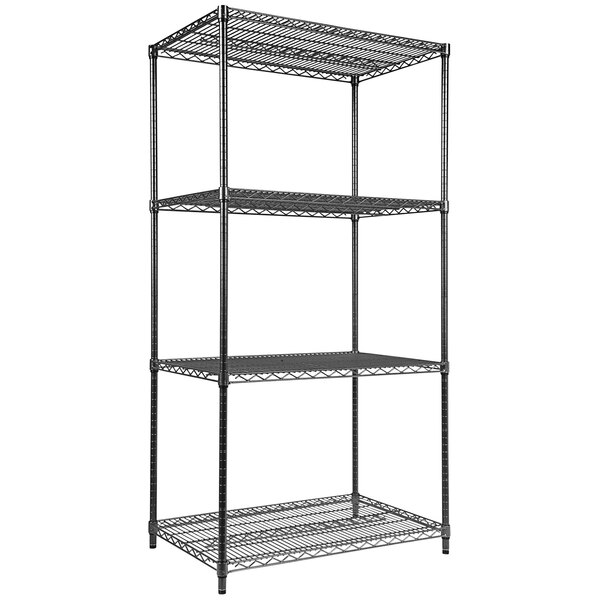 A black metal Alera wire shelving unit with four shelves.