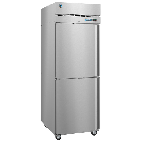 A silver Hoshizaki reach-in refrigerator with two half solid doors.