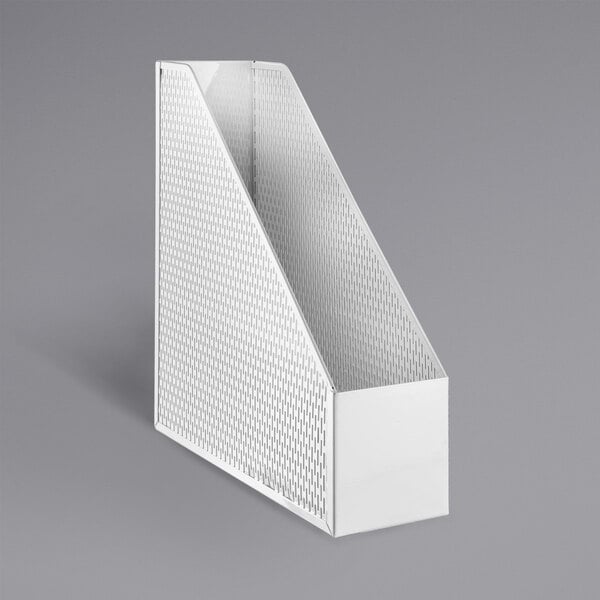 A white rectangular file holder with punched metal holes.