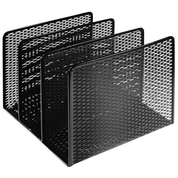 A black punched metal Artistic file sorter with three sections.