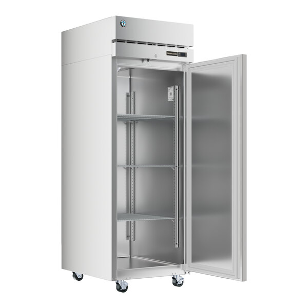 A stainless steel Hoshizaki reach-in refrigerator with a door open.