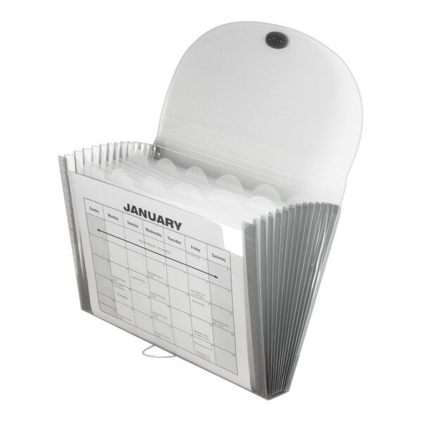A translucent expanding file folder with multiple pockets, an elastic closure, and a visible calendar sheet labeled 'January' in the front pocket.