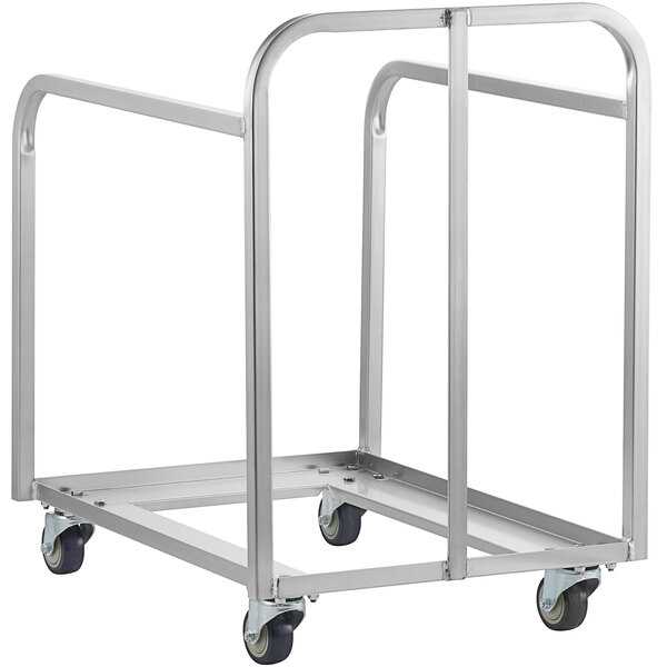 A silver metal Regency bun pan truck with wheels.