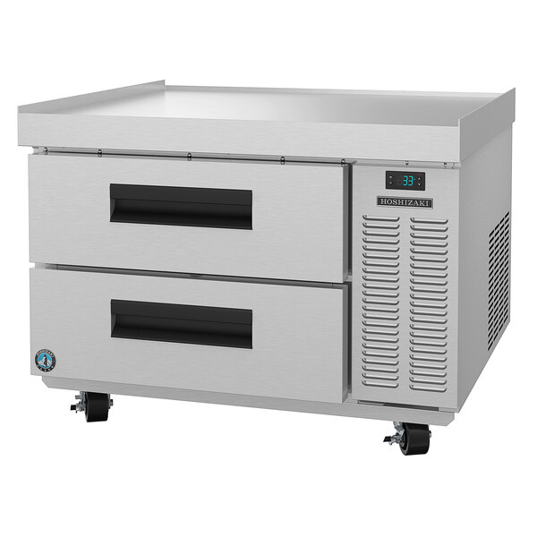 A stainless steel Hoshizaki refrigerated chef base with two drawers.