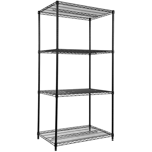 A black metal Alera wire shelving unit with three shelves.