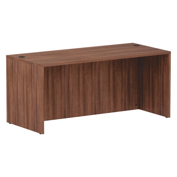 A walnut wooden desk shell for an office.