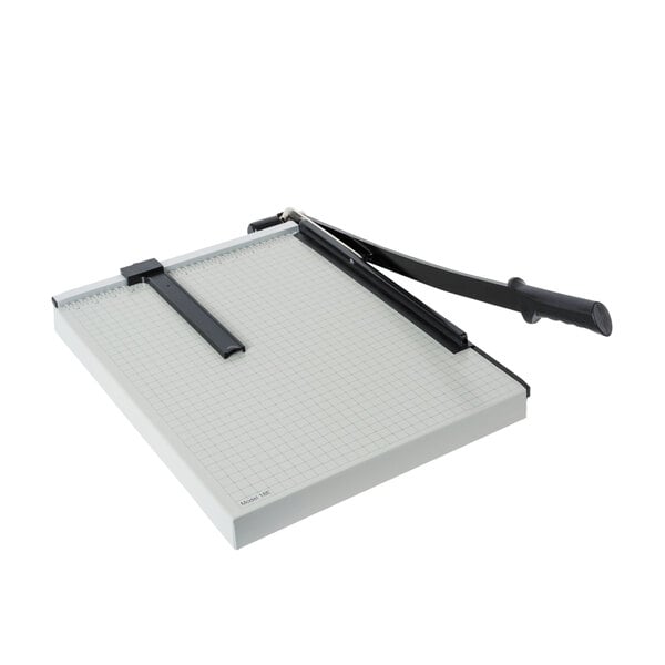 a white paper cutter with black handles