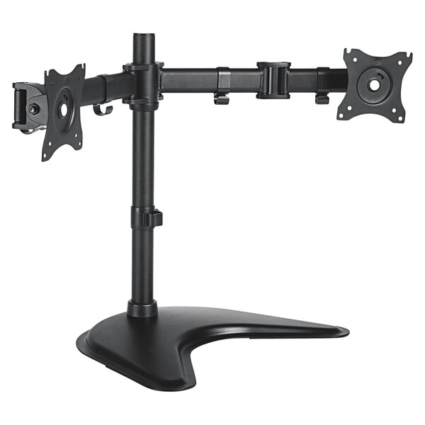 A black Kantek dual monitor desktop arm with two monitors on it.